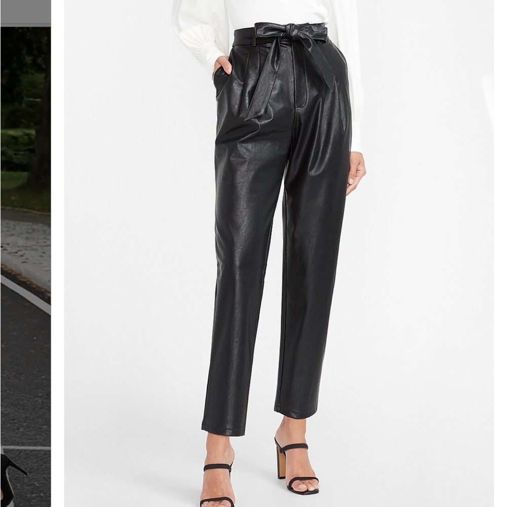 Super High Waisted Faux Leather Belted Ankle Pant